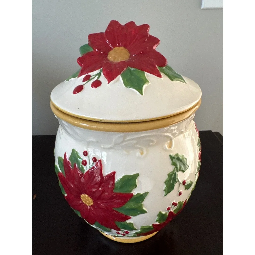 Christmas Poinsettia Ceramic Cookie Jar Holiday Canister Red Green White 3D Lid